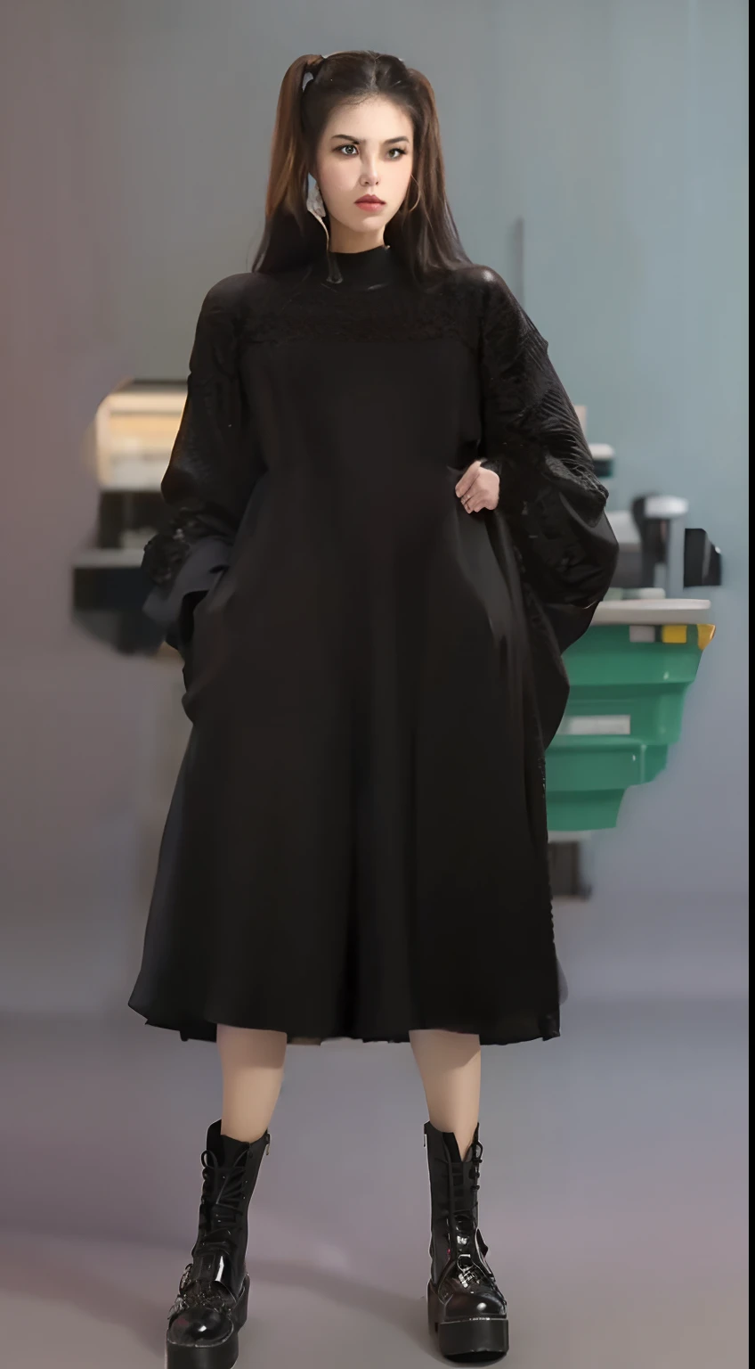 Female model in black dress。