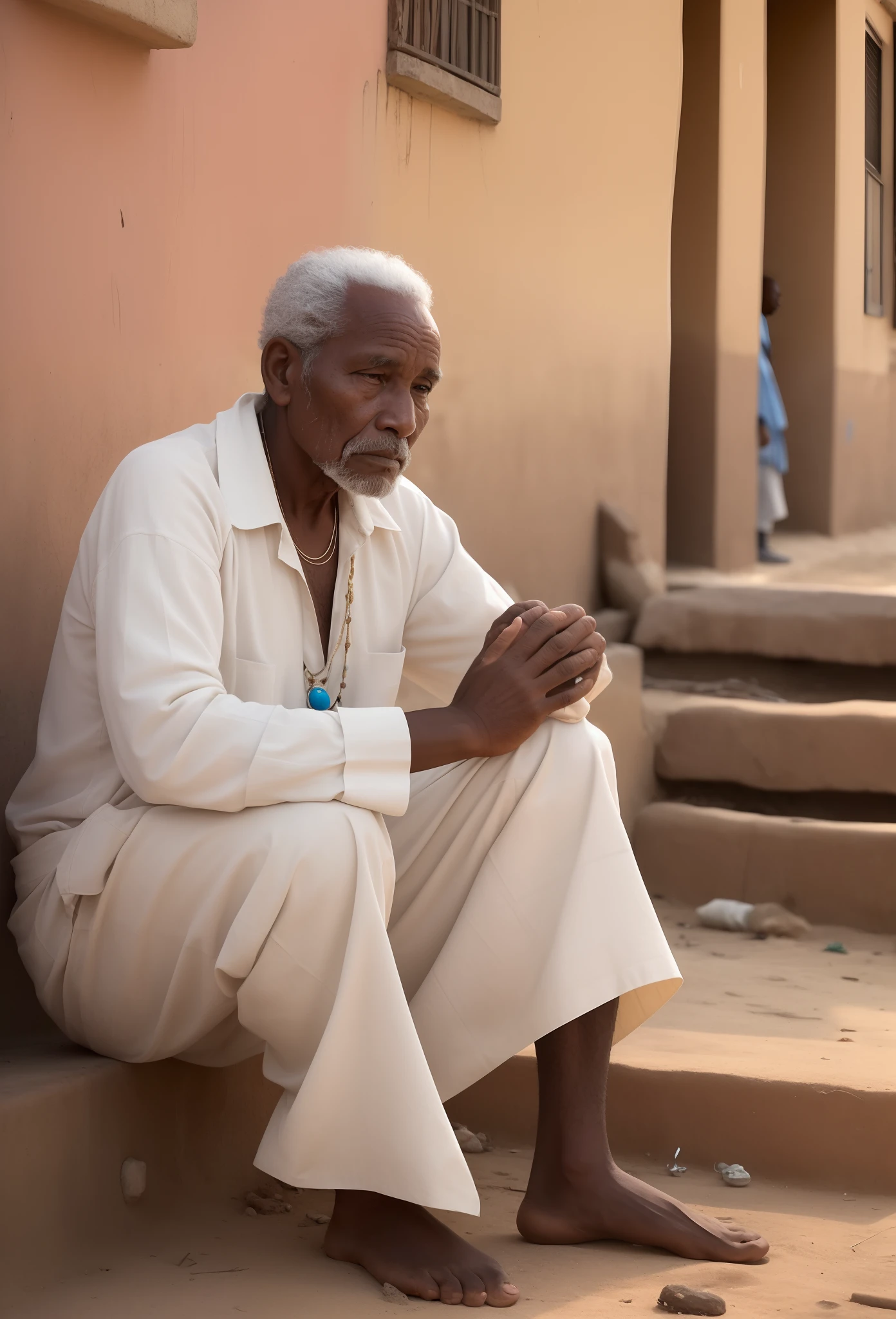 Araffe homem 80 anos, several indigenous necklaces sitting on the ground in front of a building, Homem africano, beautiful man, east african man with curly hair, um velho, Timbuktu, holy man looking down at the ground, um homem muito triste, homem triste, foto de um homem, Visual deslumbrante, old man, homem bonito, Directed by: Dietmar Damerau
