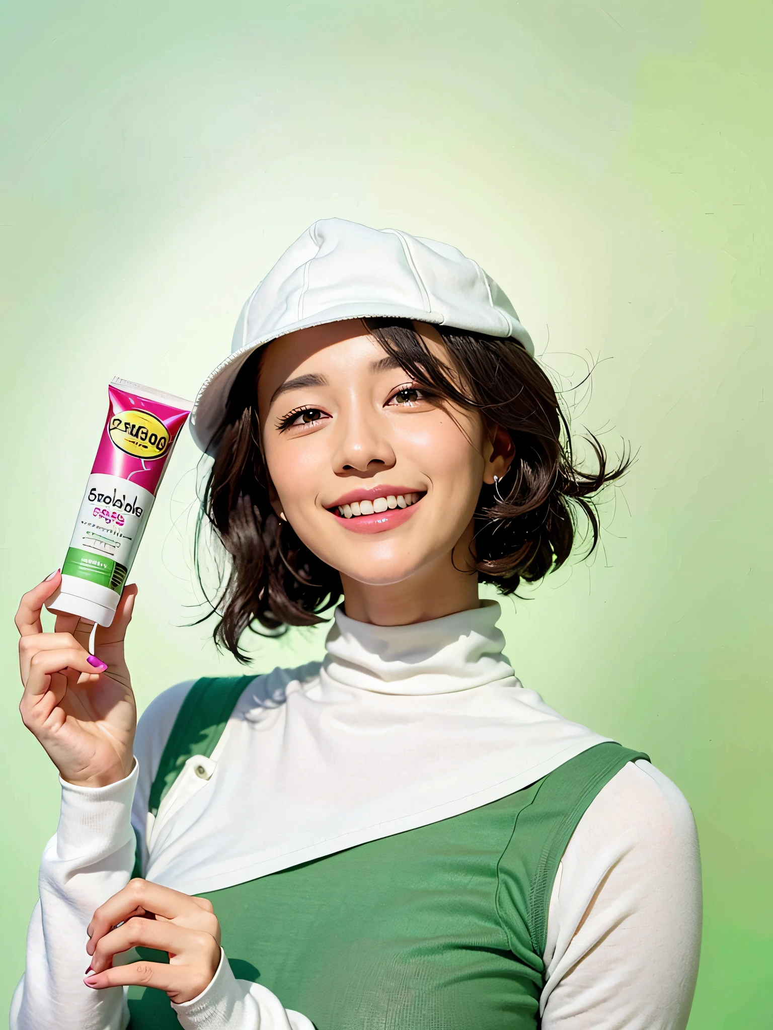 Close-up of a woman holding an energy bar in one hand, ProductAdvertisements, Healthy midwifery photo shoot,Light green clothes,White clean background