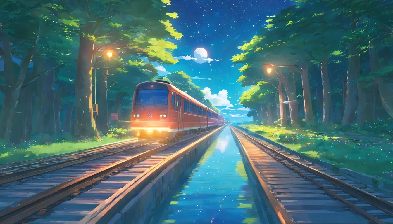 High quality masterpiece ,scenecy,Anime train passing through bodies of water on tracks, Glittering starry sky。Romantic train,Pisif,concept-art,Lofi art style,Reflectors。 By Makoto Shinkai, Lofi art, beautiful anime scenes, Anime landscapes, Detailed scenery —width 672, in the style of makoto shinkai, Makoto Shinkai's style,Detail enhancement