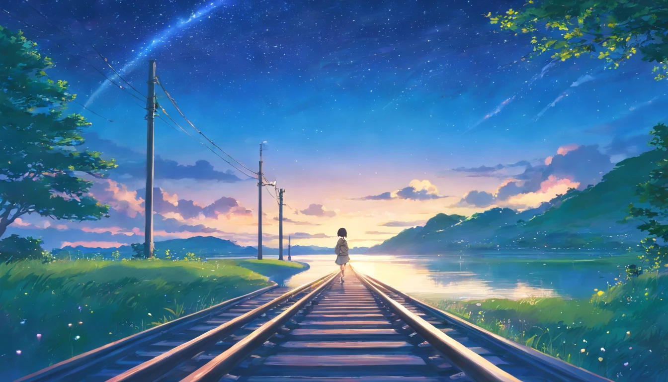 High quality masterpiece ，scenecy，Anime train passing through bodies of water on tracks， Glittering starry sky。Romantic train，Pisif，concept-art，Lofi art style，Reflectors。 By Makoto Shinkai, Lofi art, beautiful anime scenes, Anime landscapes, Detailed scenery —width 672, in the style of makoto shinkai, Makoto Shinkai's style，Detail enhancement