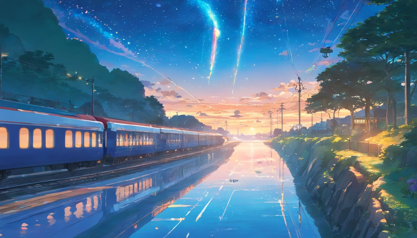 High quality masterpiece ，scenecy，Anime train passing through bodies of water on tracks， Glittering starry sky。Romantic train，Pisif，concept-art，Lofi art style，Reflectors。 By Makoto Shinkai, Lofi art, beautiful anime scenes, Anime landscapes, Detailed scenery —width 672, in the style of makoto shinkai, Makoto Shinkai's style，Detail enhancement