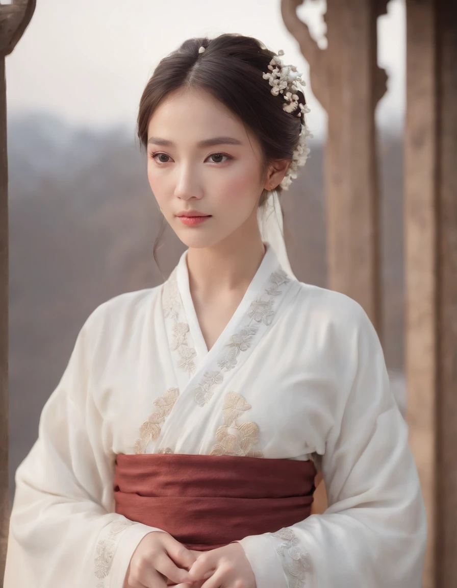 masterpiece, best quality, realistic, 8k, official art, cinematic light, ultra high res, 1girl, day, sunlight, light on face, (white hanfu), (Winter hanfu:1.2), (cloak:1.2), (snow:1.3),(upper body),Hanfu, French twist, jewelry ,necklace , Appalachian