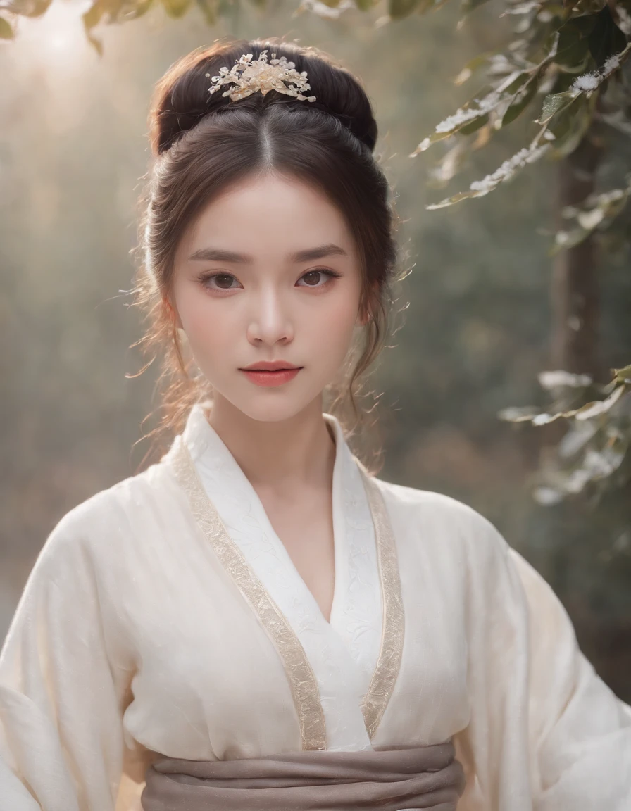 masterpiece, best quality, realistic, 8k, official art, cinematic light, ultra high res, 1girl, day, sunlight, light on face, (white hanfu), (Winter hanfu:1.2), (cloak:1.2), (snow:1.3),(upper body),Hanfu, French twist, jewelry ,necklace , Appalachian