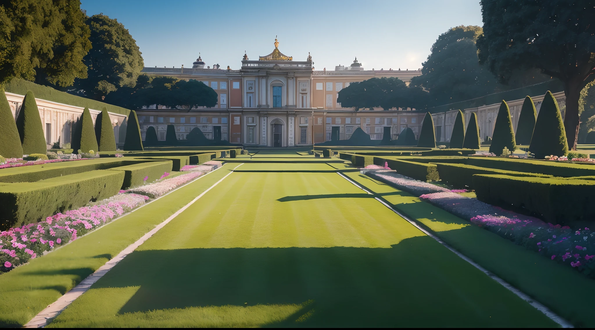 masterpiece, Highly detailed, realistic, bright Lighting, Daylight, 8k,
(Large lawn garden at the Royal Palace),
