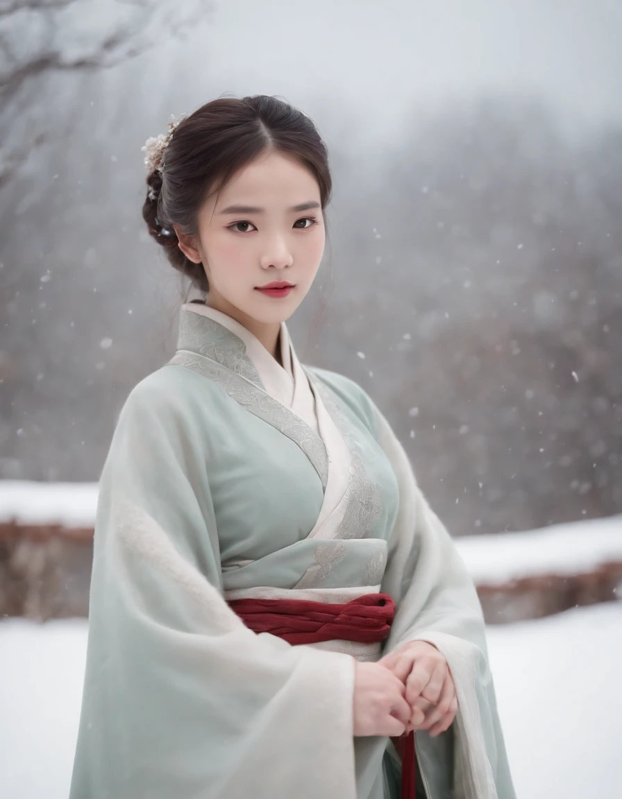 1 girl, full body, (dynamic poses), Hanfu, (Winter hanfu), cloak, (snow, chinese outdoors:1.2)