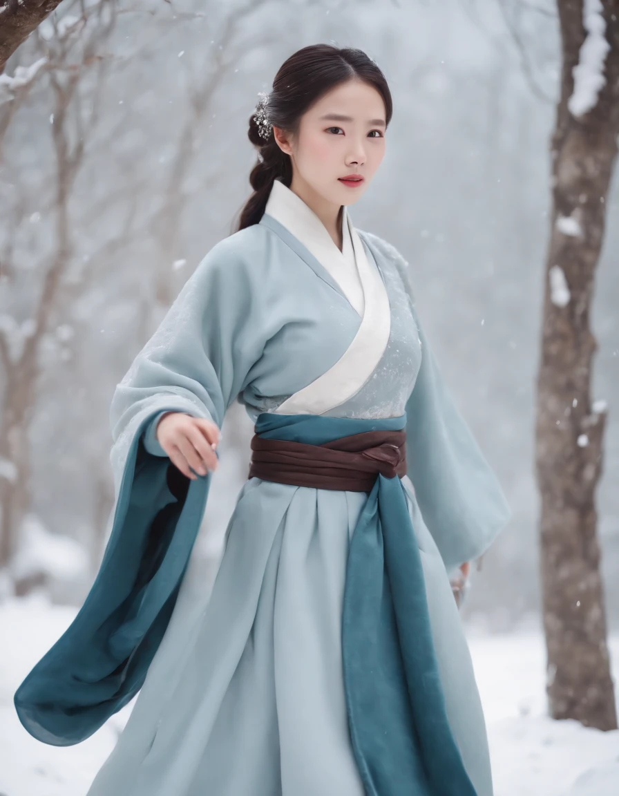 1 girl, full body, (dynamic poses), Hanfu, (Winter hanfu), cloak, (snow, chinese outdoors:1.2)