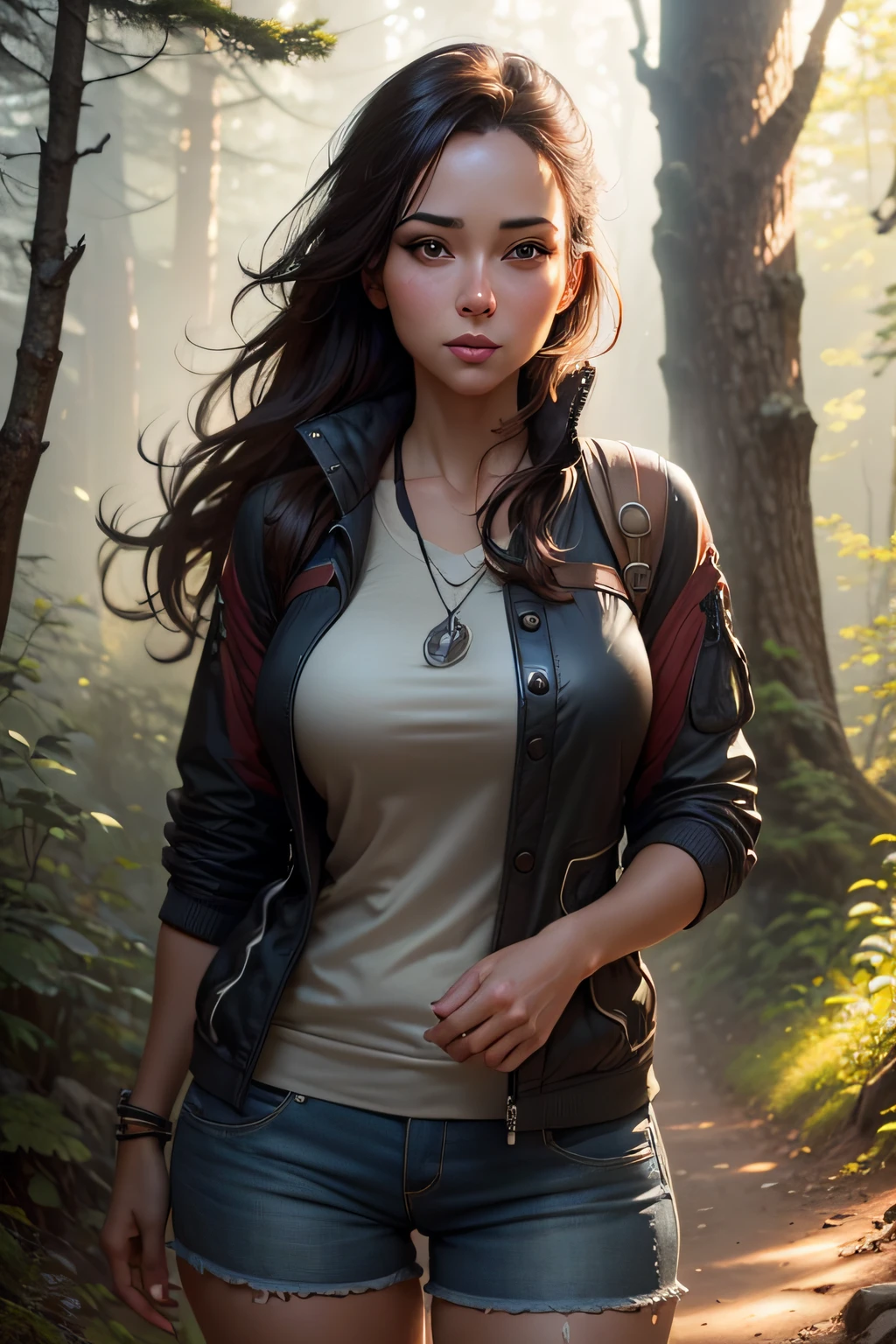 beautiful, sexy 30 year old woman, standing on the trail and looking straight ahead into the lens, hiker, artstation trend, flirtatious look, expressive face, focus, outdoor photo, intricate details, very detailed, author: greg rutkowski