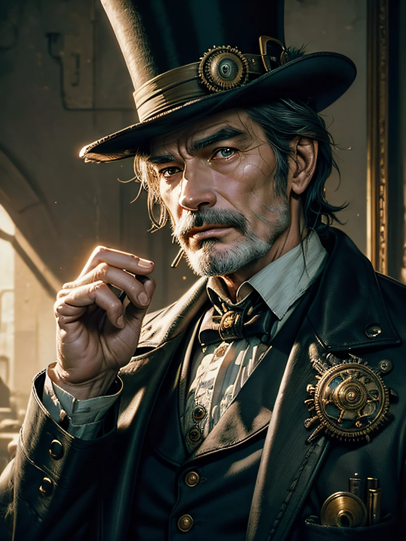 (masterpiece、top-quality、raw、analog style)、foco nítido、Portrait of an old man in a top hat、timothy dalton、High realism、rpg portrait、steampunk fantasy style, male artificer、steampunk engineer、Craftsman close-up、Detailed hand depiction、watching at viewers