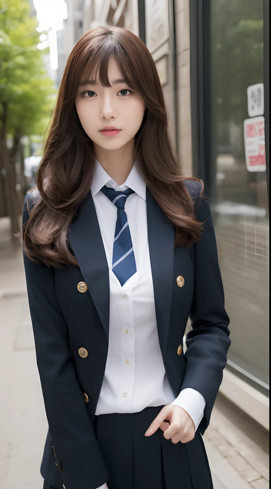 ((top-quality、8k、masterpiece:1.3))、foco nítido:1.2、Beautiful Women in Perfect Style:1.4、Slender abs:1.2、((Dark brown hair、huge tit:1.2))、(natural soft light、City Street:1.1)、Highly detailed facial and skin texture、A detailed eye、二重まぶた、Uniform Cosplay、Female, 24 years old