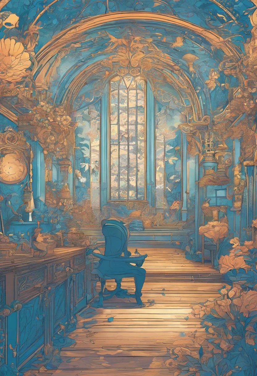 The picture shows a bright classroom，There are students in the classroom using VR glasses，There are students drawing cartoon characters，Teachers teach students to take pictures with cameras，There are also students who draw with brushes，There are also students discussing interior architecture，Some students operate drones to measure，Tech Blue，Vertical illustration，Commercial，The faces of the characters are carefully portrayed