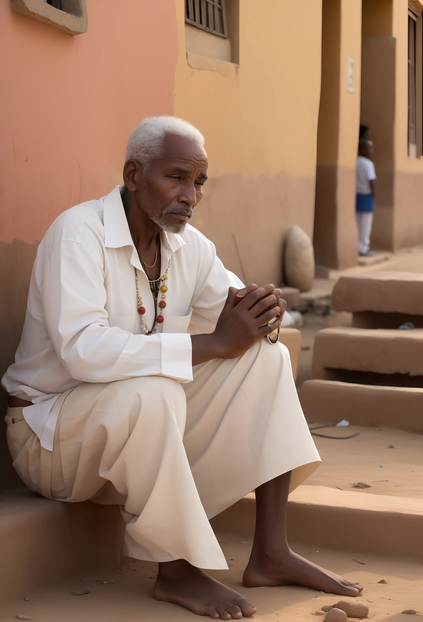 Araffe homem 80 anos, several indigenous necklaces sitting on the ground in front of a building, Homem africano, beautiful man, east african man with curly hair, um velho, Timbuktu, holy man looking down at the ground, um homem muito triste, homem triste, foto de um homem, Visual deslumbrante, old man, homem bonito, Directed by: Dietmar Damerau