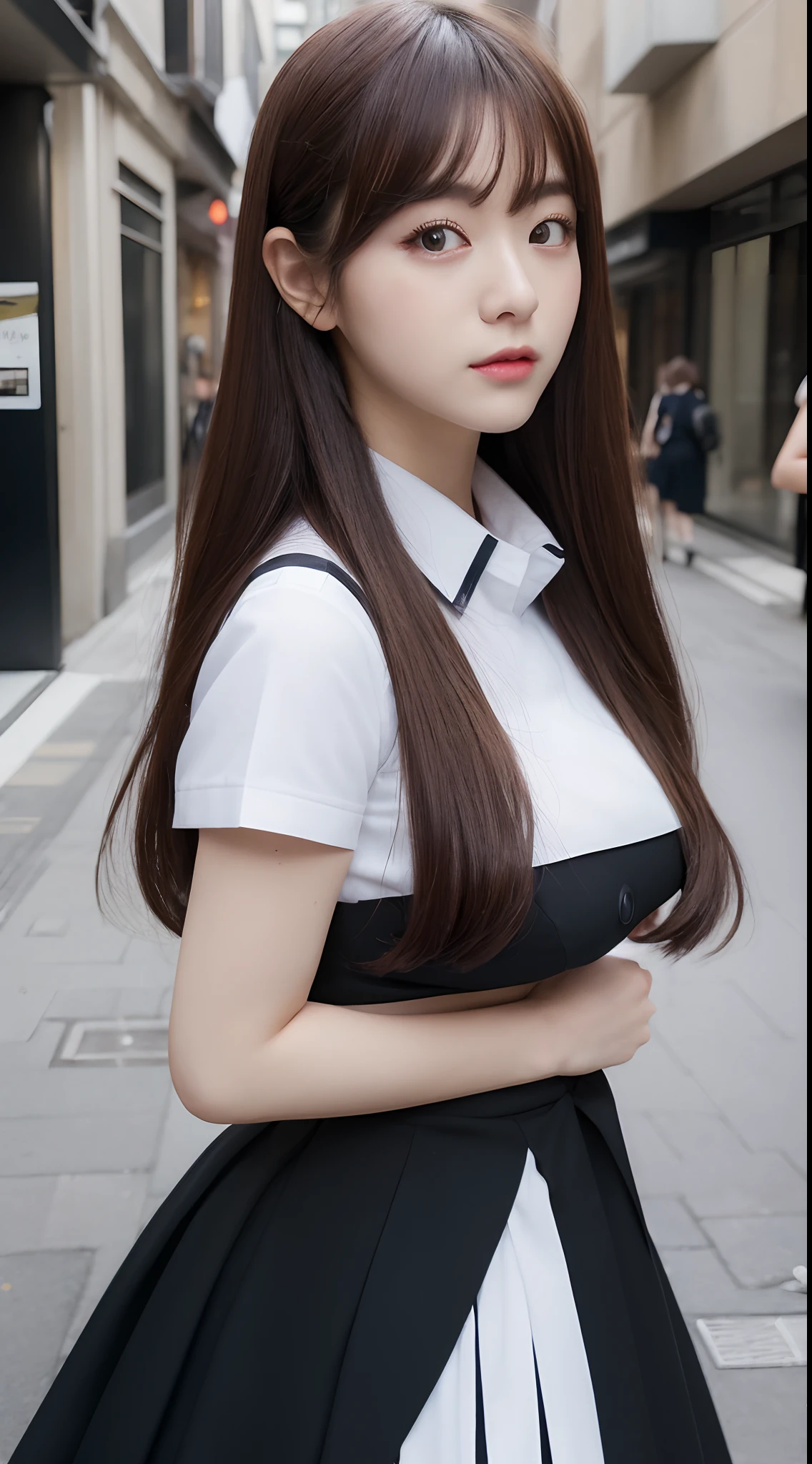 ((top-quality、8k、masterpiece:1.3))、foco nítido:1.2、Beautiful Women in Perfect Style:1.4、Slender abs:1.2、((Dark brown hair、huge tit:1.2))、(natural soft light、City Street:1.1)、Highly detailed facial and skin texture、A detailed eye、二重まぶた、Uniform Cosplay、Female, 24 years old