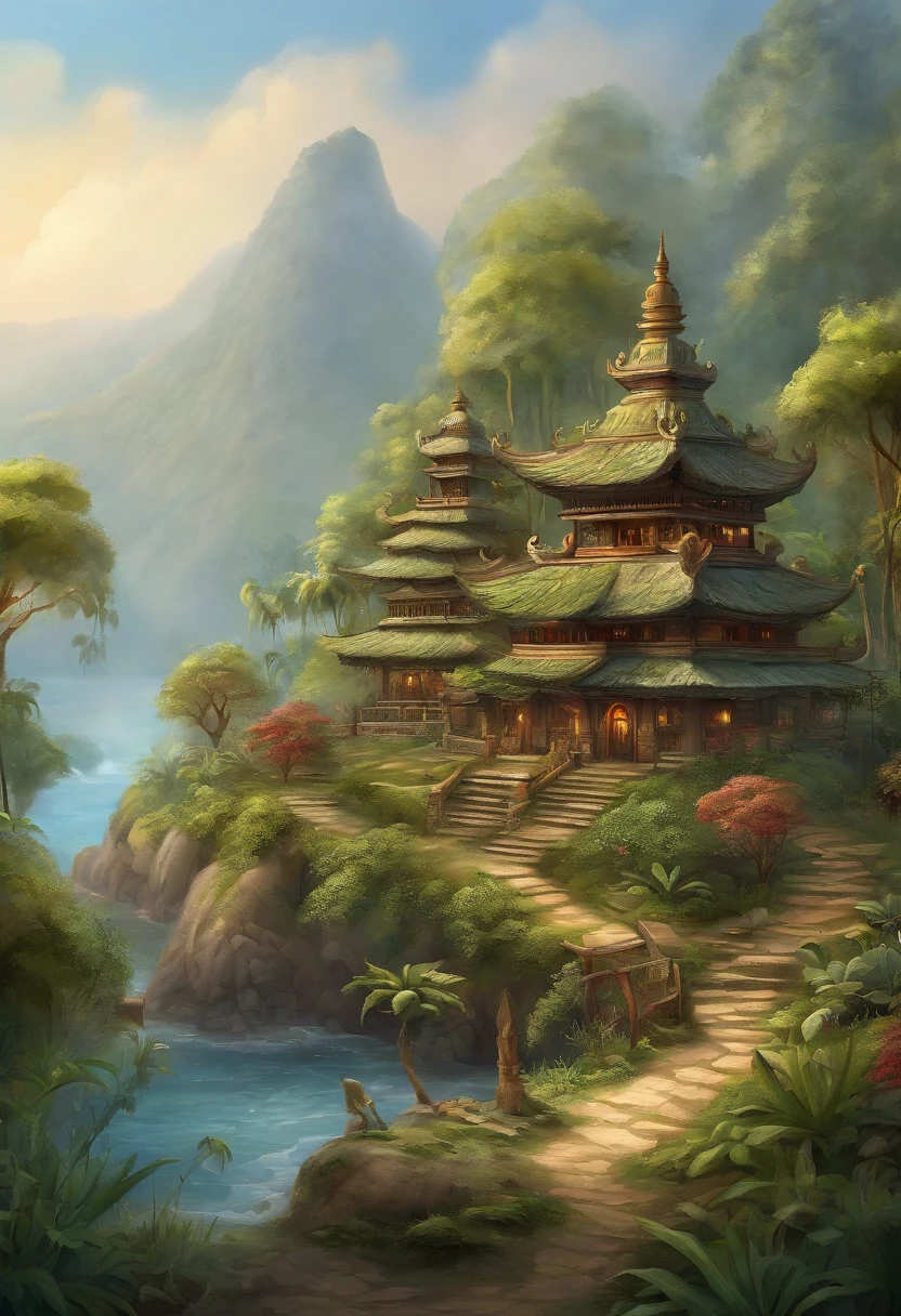 (isometric 3D),(masterpiece), (extremely detailed CG unity 8k wallpaper), (best quality), (best illustration), (best shadow),, a cute , Balinese Temple, A round turnip hut covered with moss, ,octane render,ray tracing,ultra detailed