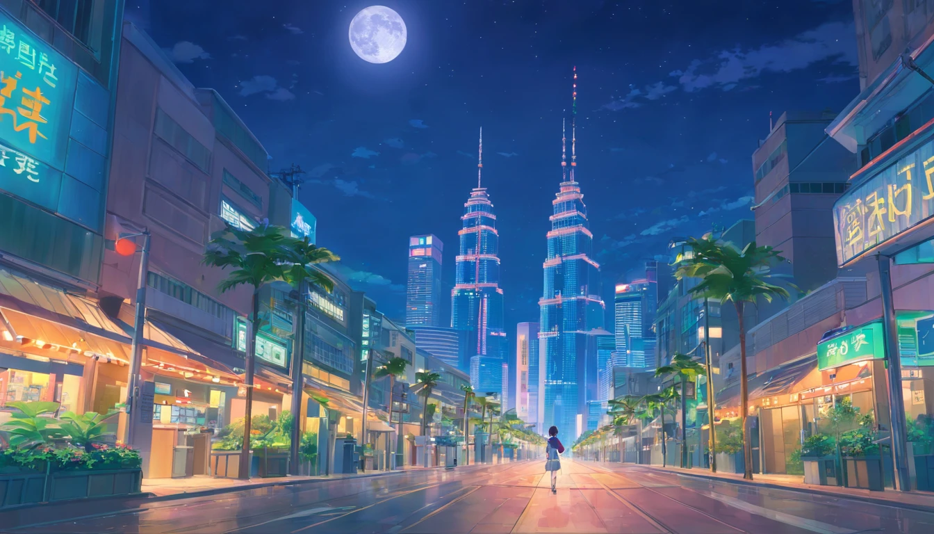 Night view of the city with palm trees and full moon, night cityscape, Shinjuku Station covered with vegetation、naturey、The artwork, fantasy cityscape,distant cityscape, fantasy city background, urban backdrop, distant city, shiny city in the distance, Twilight City in the background, Night city in the background, anime style cityscape