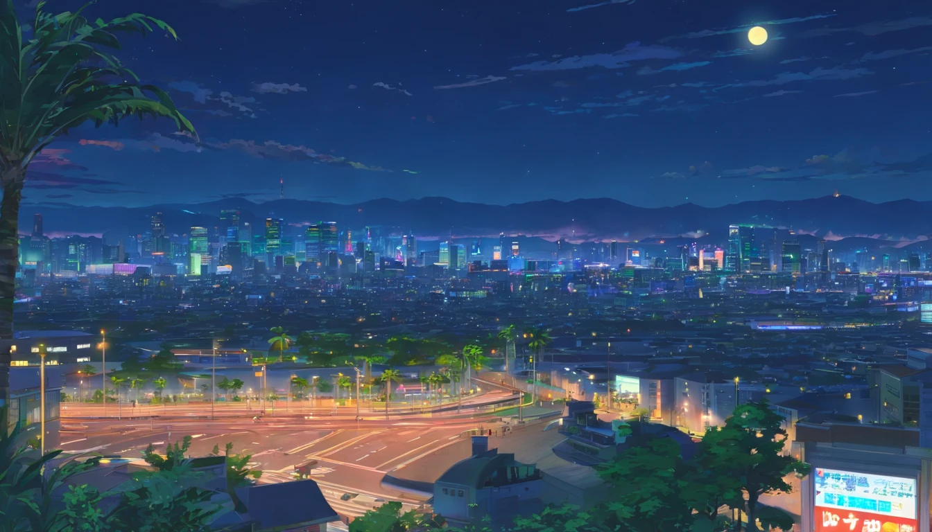 Night view of the city with palm trees and full moon, night cityscape, Shinjuku Station covered with vegetation、naturey、The artwork, fantasy cityscape,distant cityscape, fantasy city background, urban backdrop, distant city, shiny city in the distance, Twilight City in the background, Night city in the background, anime style cityscape