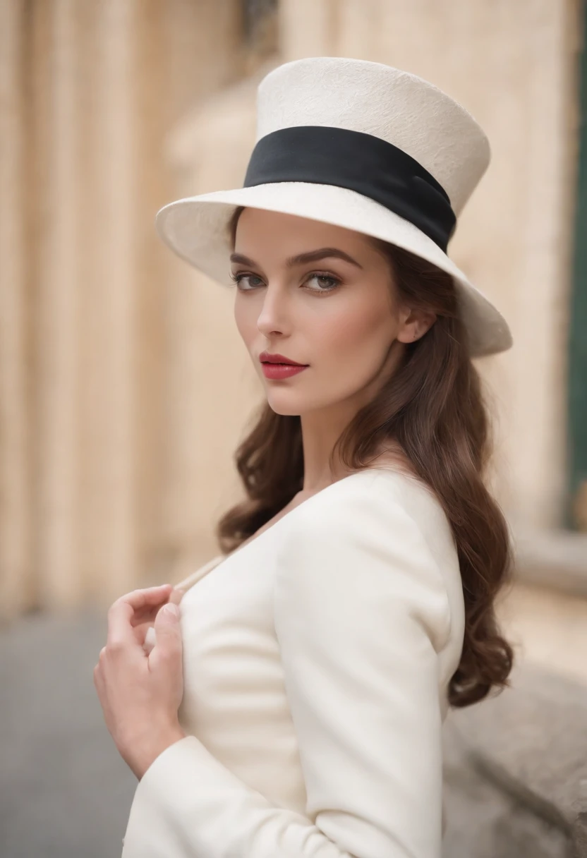 a model wears a black coat and a white hat, in the style of 32k uhd, rococo elegance, vintage-inspired designs, bold curves, ferrania p30, limited color range, english school