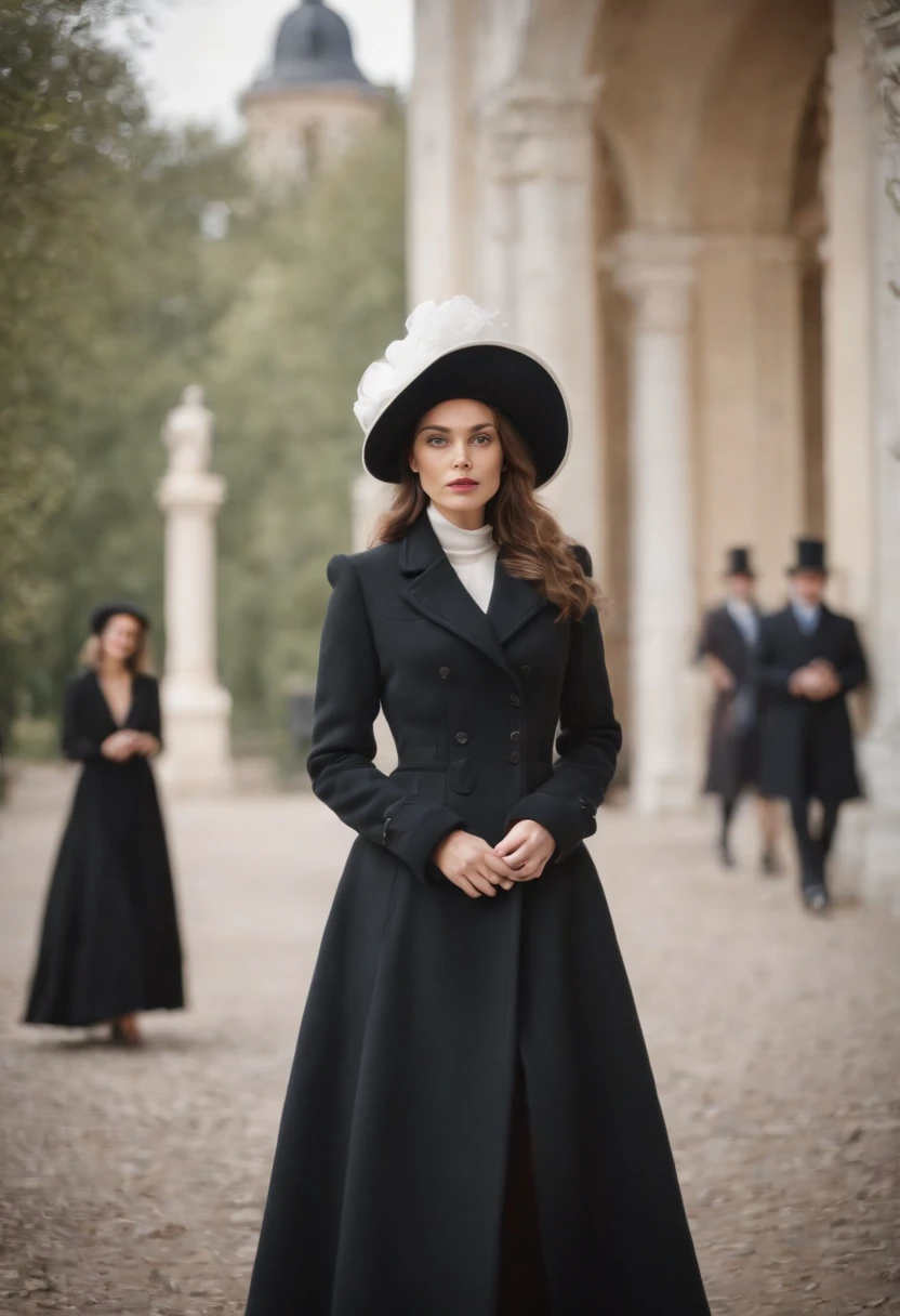 a model wears a black coat and a white hat, in the style of 32k uhd, rococo elegance, vintage-inspired designs, bold curves, ferrania p30, limited color range, english school