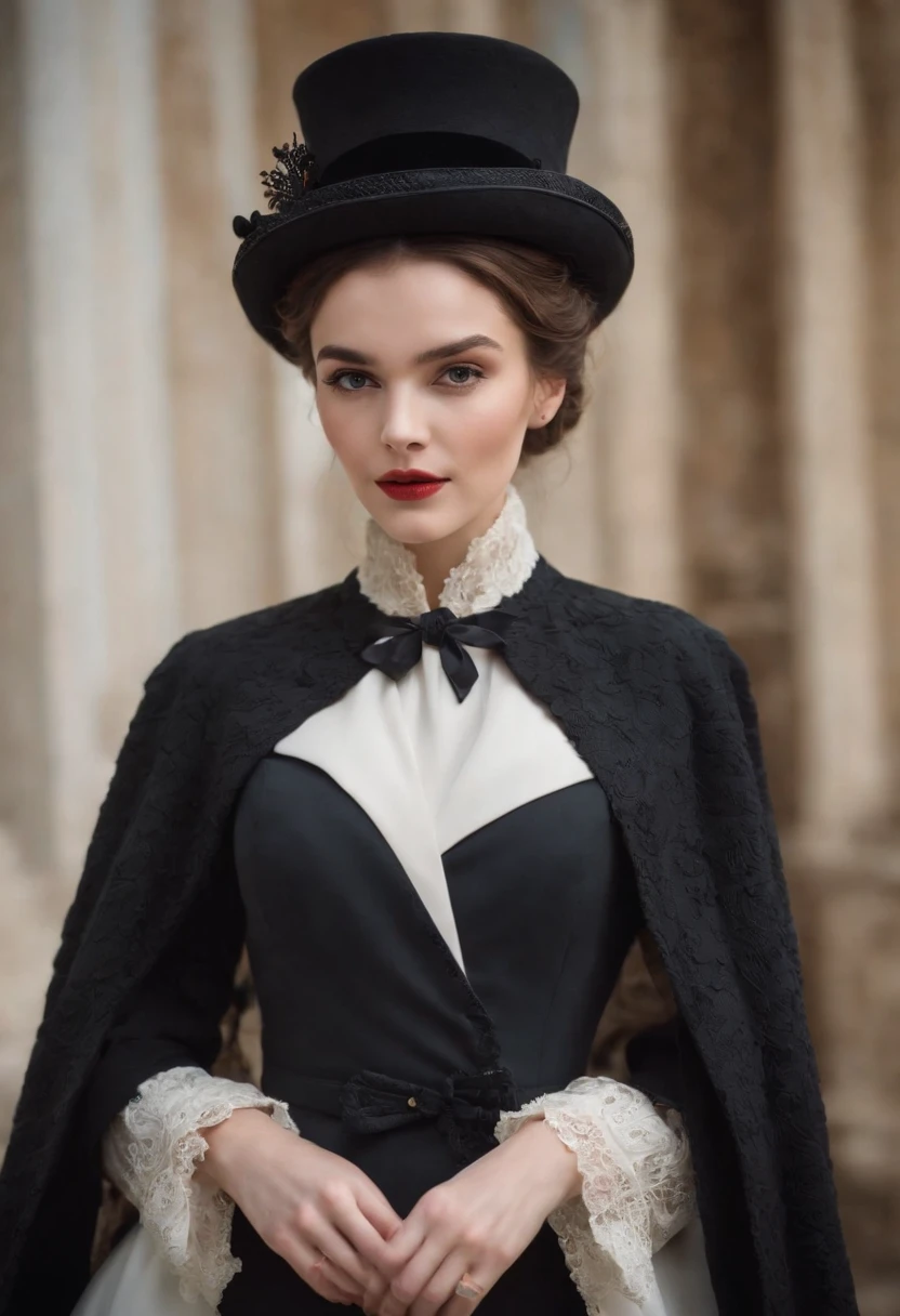 a model wears a black coat and a white hat, in the style of 32k uhd, rococo elegance, vintage-inspired designs, bold curves, ferrania p30, limited color range, english school