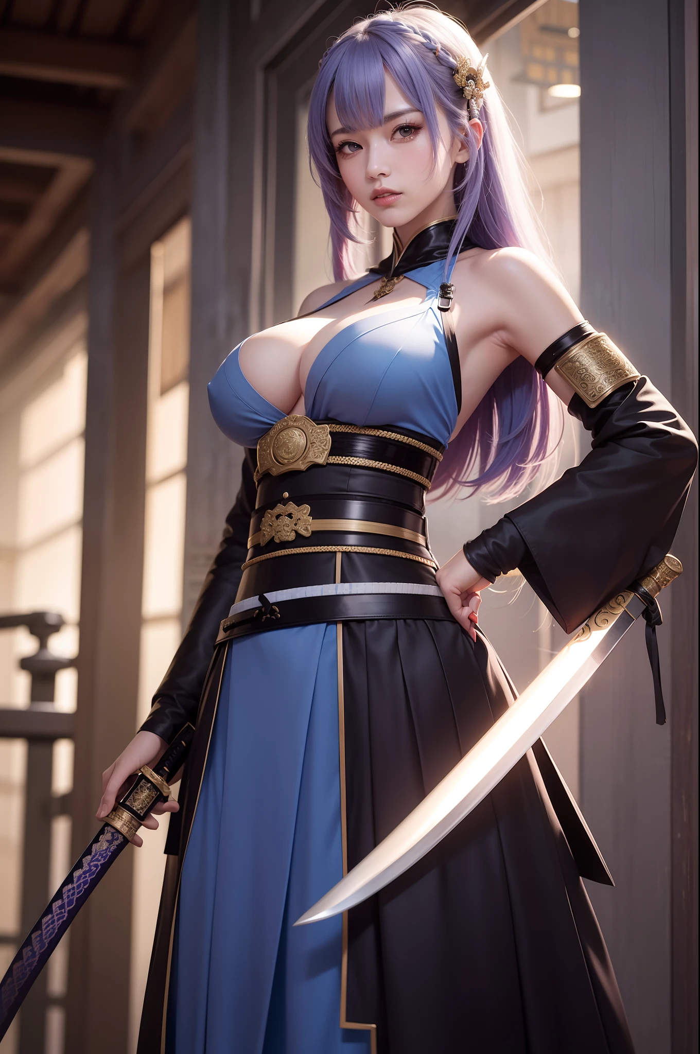 arafed woman in a costume holding a sword and a sword, she is holding a katana sword, very beautiful cyberpunk samurai, female samurai, wearing kimono armor, ornate korean polearm behind her, she is holding a sword, holding a sword on her shoulder, wearing kimono armour, dressed in samurai armour, portrait shot, samurai outfit, ornate cosplay, sexy look, big breast, sexy pose, show breast, light rainbow hair