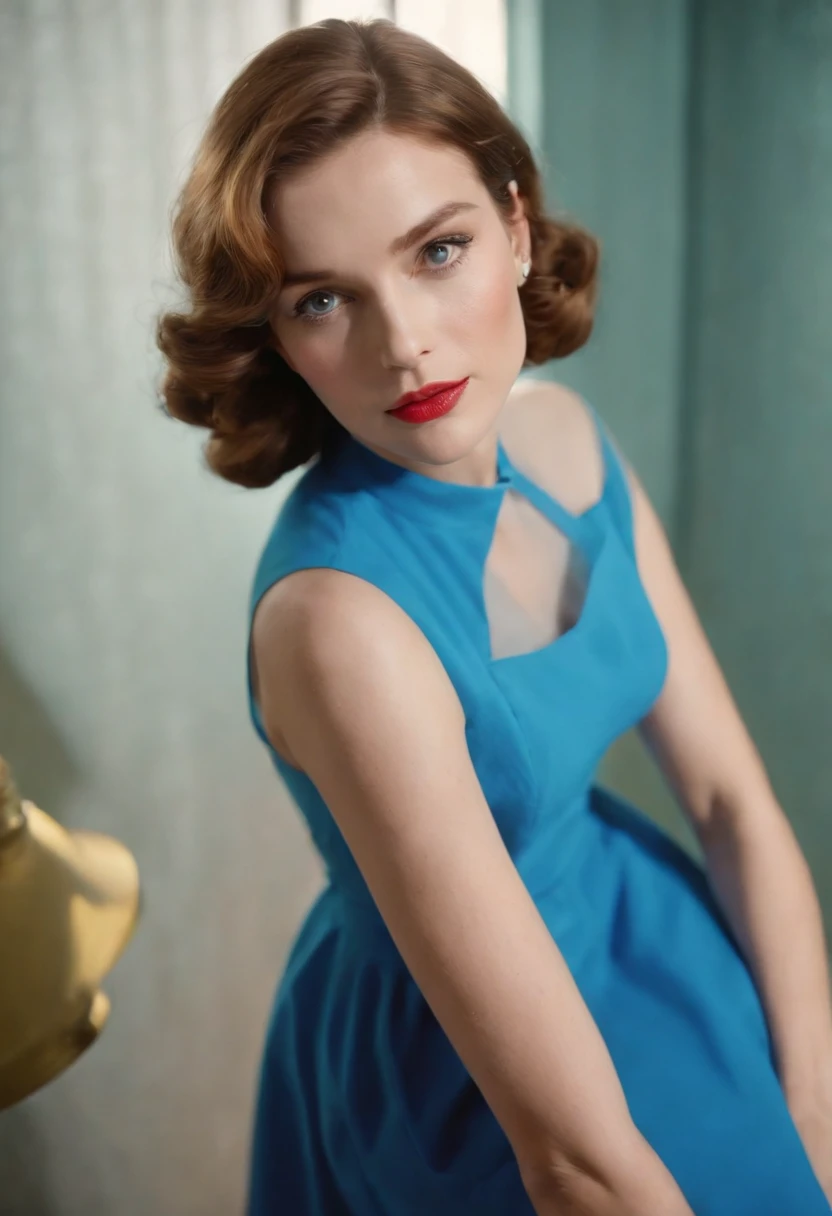 1950s fashion, close up photo, a woman wearing a blue dress, with a yellow lamp near her, in the style of neon and fluorescent light, blocky, transparency, handcrafted designs, 35mm film