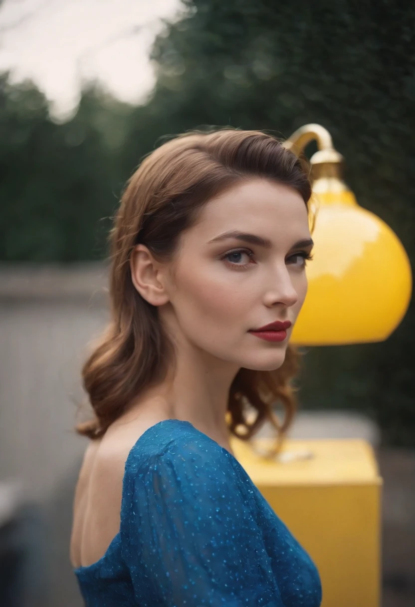 1950s fashion, close up photo, a woman wearing a blue dress, with a yellow lamp near her, in the style of neon and fluorescent light, blocky, transparency, handcrafted designs, 35mm film