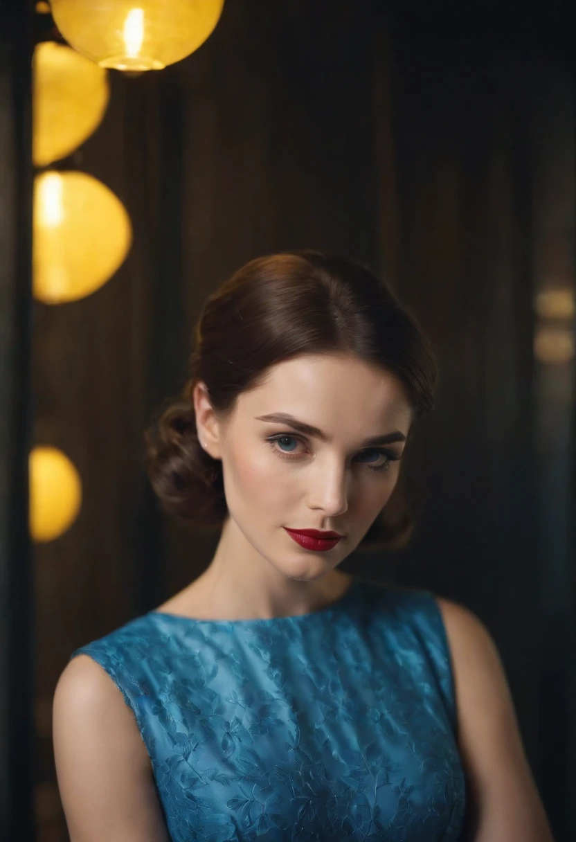 1950s fashion, close up photo, a woman wearing a blue dress, with a yellow lamp near her, in the style of neon and fluorescent light, blocky, transparency, handcrafted designs, 35mm film