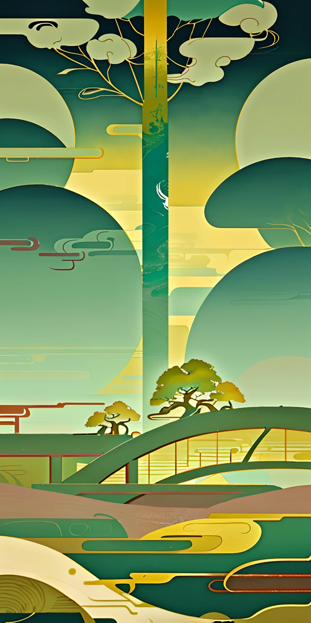 a bridge，Yellow River，（Chinese landscape）， abstract paintings， （Zen Buddhism， Amy Sol style）， （green trees， florals， Chinese style architecture）， Light abstract cover art， Simple vector art， Contemporary Chinese art， Gradient of color， Pastel color palette， Hierarchical form， Whimsical animation， The style is ethereal and abstract， 4K， --v6