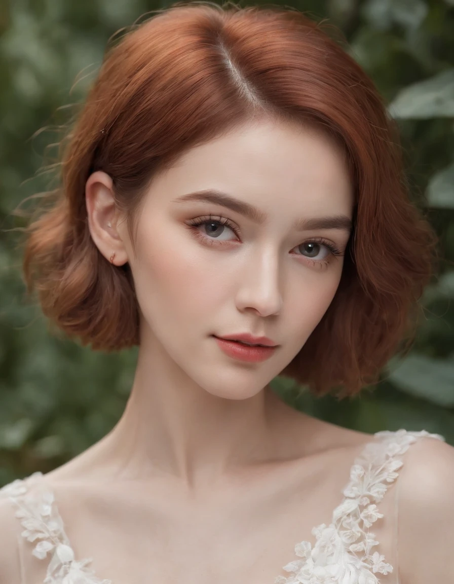 photoshoot of deborahWolf1, (redhair), (short hair cut), , detailed skin texture, (blush:0.2), (goosebumps:0.3), (white floral dress), subsurface scattering, Photorealistic, Hyperrealistic, Hyperdetailed, analog style, hip cocked, demure, detailed skin, matte skin, soft lighting, subsurface scattering, realistic, heavy shadow, masterpiece, best quality, ultra realistic, 8k, golden ratio, Intricate, High Detail, film photography, soft focus