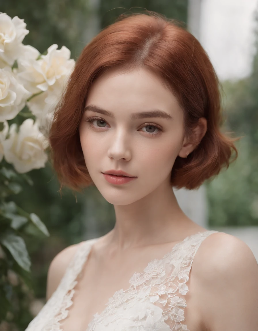 photoshoot of deborahWolf1, (redhair), (short hair cut), , detailed skin texture, (blush:0.2), (goosebumps:0.3), (white floral dress), subsurface scattering, Photorealistic, Hyperrealistic, Hyperdetailed, analog style, hip cocked, demure, detailed skin, matte skin, soft lighting, subsurface scattering, realistic, heavy shadow, masterpiece, best quality, ultra realistic, 8k, golden ratio, Intricate, High Detail, film photography, soft focus