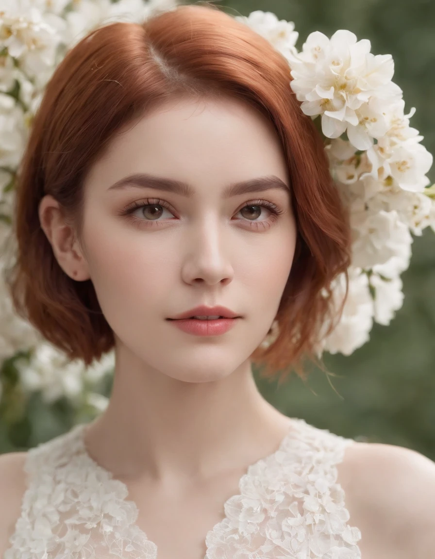 photoshoot of deborahWolf1, (redhair), (short hair cut), , detailed skin texture, (blush:0.2), (goosebumps:0.3), (white floral dress), subsurface scattering, Photorealistic, Hyperrealistic, Hyperdetailed, analog style, hip cocked, demure, detailed skin, matte skin, soft lighting, subsurface scattering, realistic, heavy shadow, masterpiece, best quality, ultra realistic, 8k, golden ratio, Intricate, High Detail, film photography, soft focus