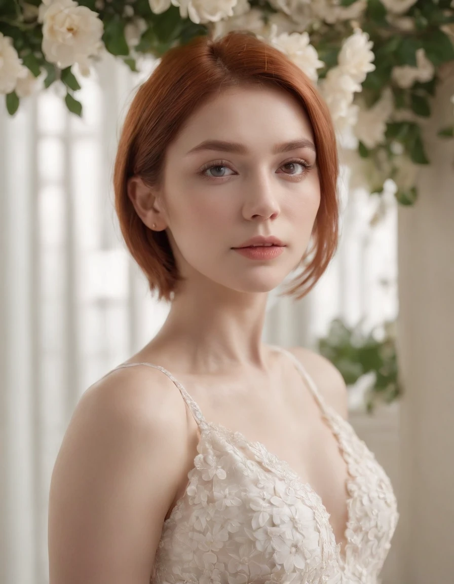 photoshoot of deborahWolf1, (redhair), (short hair cut), , detailed skin texture, (blush:0.2), (goosebumps:0.3), (white floral dress), subsurface scattering, Photorealistic, Hyperrealistic, Hyperdetailed, analog style, hip cocked, demure, detailed skin, matte skin, soft lighting, subsurface scattering, realistic, heavy shadow, masterpiece, best quality, ultra realistic, 8k, golden ratio, Intricate, High Detail, film photography, soft focus