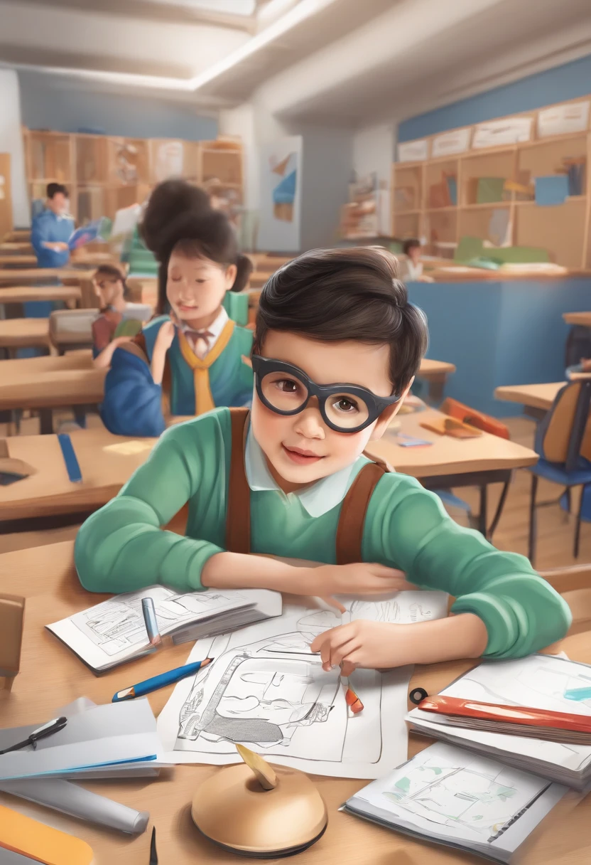 The picture shows a bright classroom，There are students in the classroom using VR glasses，There are students drawing cartoon characters，Teachers teach students to take pictures with cameras，There are also students who draw with brushes，There are also students exploring the interior，Some students also operate drones to take measurements，Tech Blue，Vertical illustration，Commercial，The faces of the characters are carefully portrayed