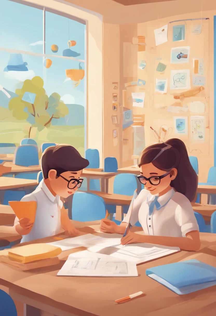 The picture shows a bright classroom,There are students in the classroom using VR glasses,There are students drawing cartoon characters,Teachers teach students to take pictures with cameras,There are also students who draw with brushes,There are also students exploring the interior,Some students also operate drones to take measurements,Tech Blue,Vertical illustration,Commercial,The faces of the characters are carefully portrayed