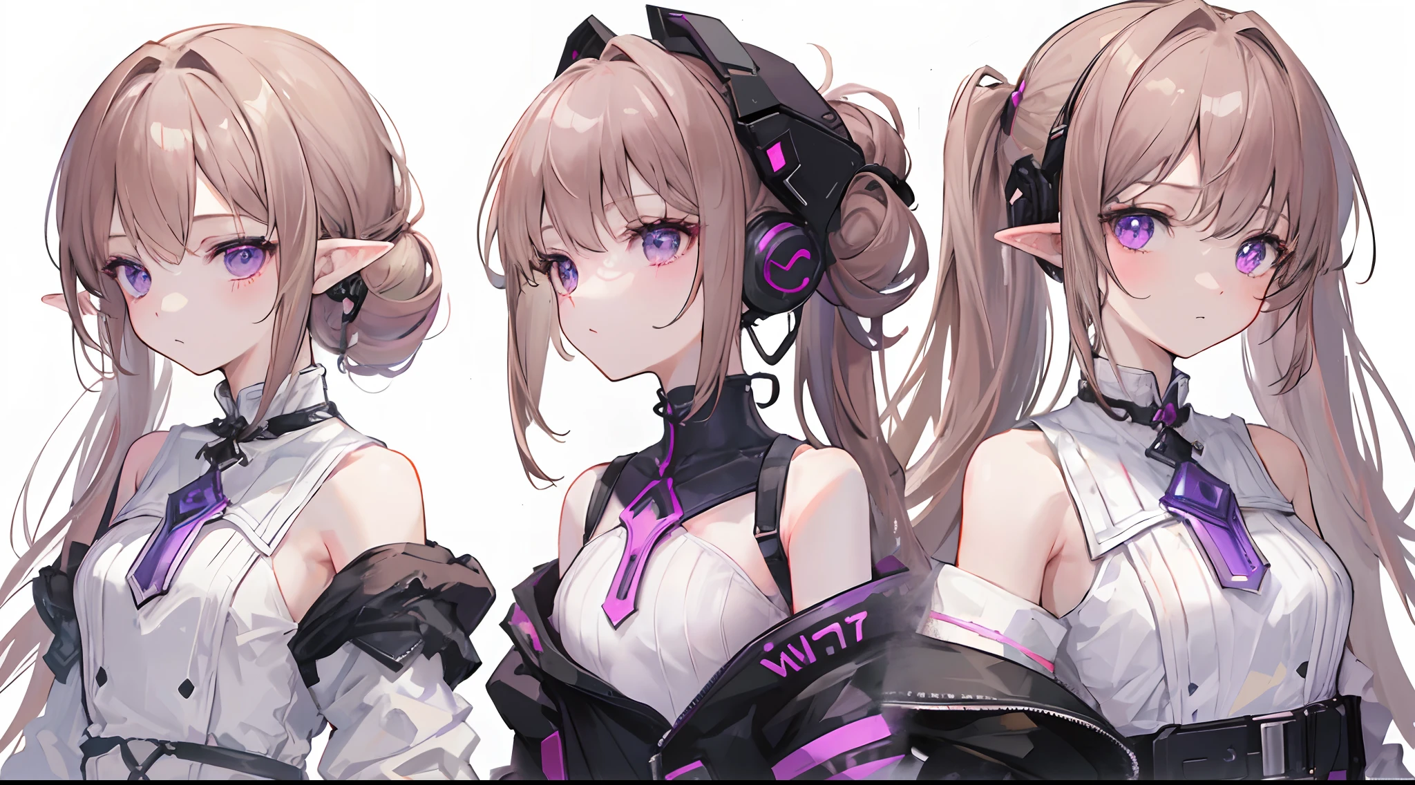 Masterpiece: 1.6, best quality: 1.4, live image: 1.2, intricate details: 1.2, graphicsournerv2: 1.2, 1 girl, pastel colours, brown-hair, violet eyes, hair up to the shoulders, elf ears, cyberpunk clothes, little chest, small girl, The background is pure white (single background, white background: 1.3), multiple views, multiple views of the same character with the same outfit: 1.3.