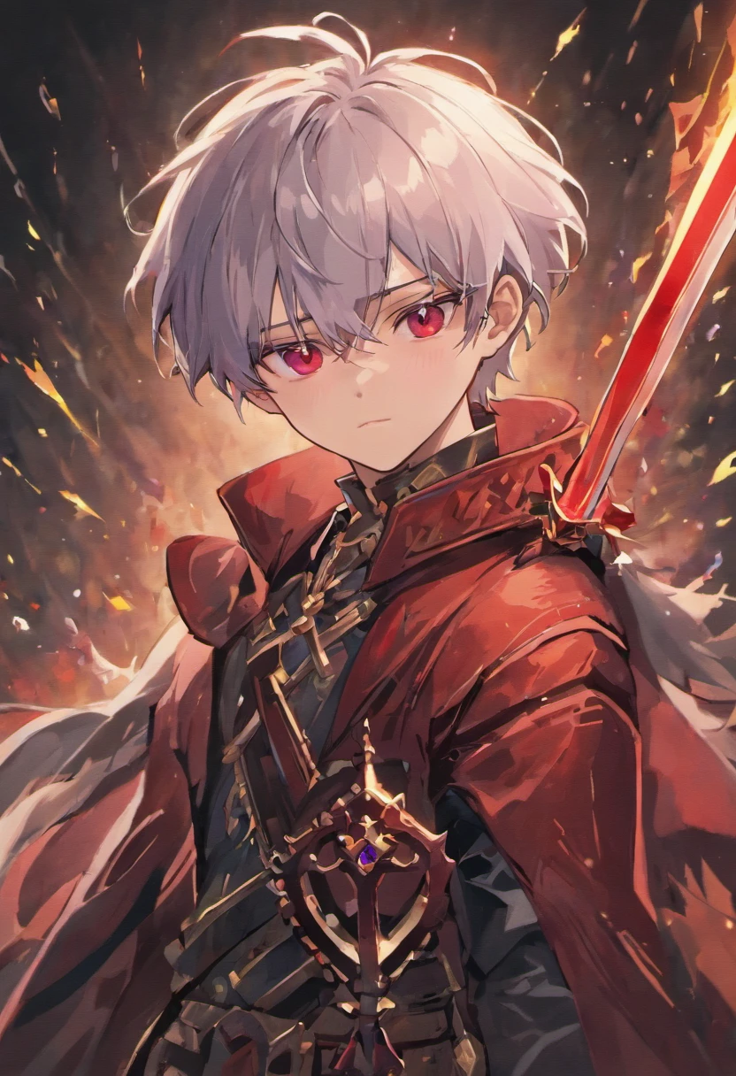 Describe a teenage boy with silver hair And dark red eyes. Wearing royal clothes and a typical black and purple sword