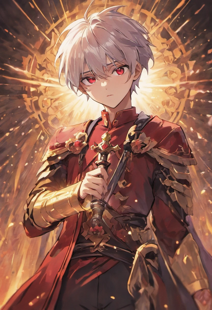 Describe a teenage boy with silver hair And dark red eyes. Wearing royal clothes and a typical black and purple sword