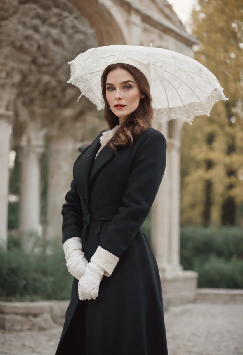 a model wears a black coat and a white hat, in the style of 32k uhd, rococo elegance, vintage-inspired designs, bold curves, ferrania p30, limited color range, english school