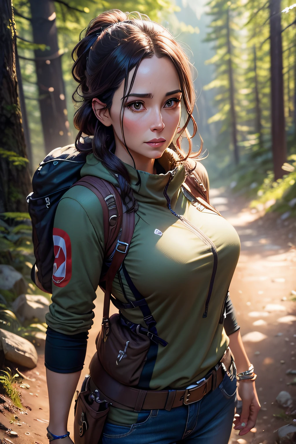 beautiful, 38 year old woman, standing on the trail and looking straight ahead into the lens, hiker, artstation trend, flirtatious look, expressive face, focus, outdoor photo, intricate details, very detailed, author: greg rutkowski