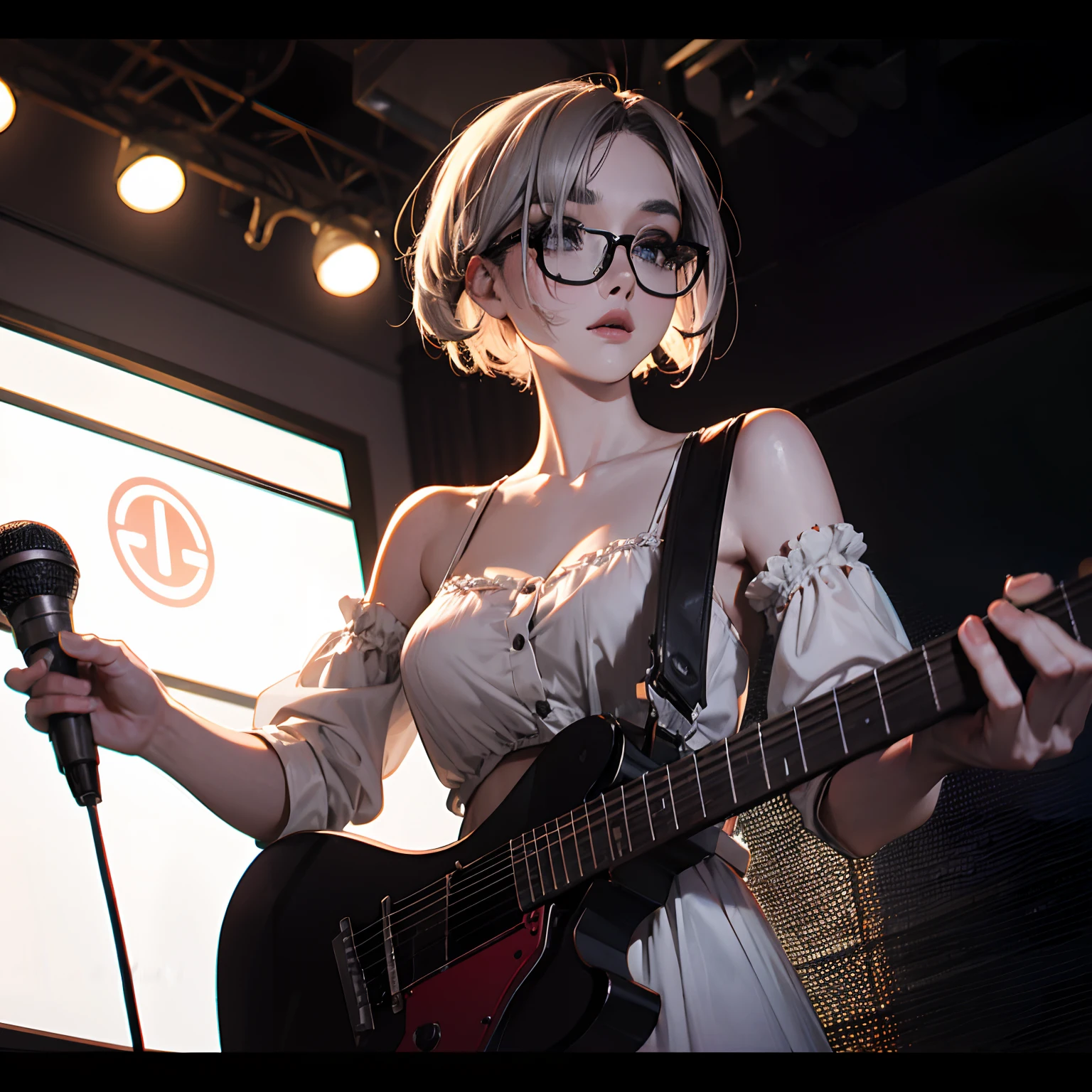 FM Radio Studio Stations, Blue-gray eyes、Straight hair、Gray ash hair color Very short hair -、Forehead、Slender eyes、make - up、Red glasses, Speak into the microphone, Realistic, Full-HD, 。.。.3D, 4K、cowboy shot、27 year old cool woman