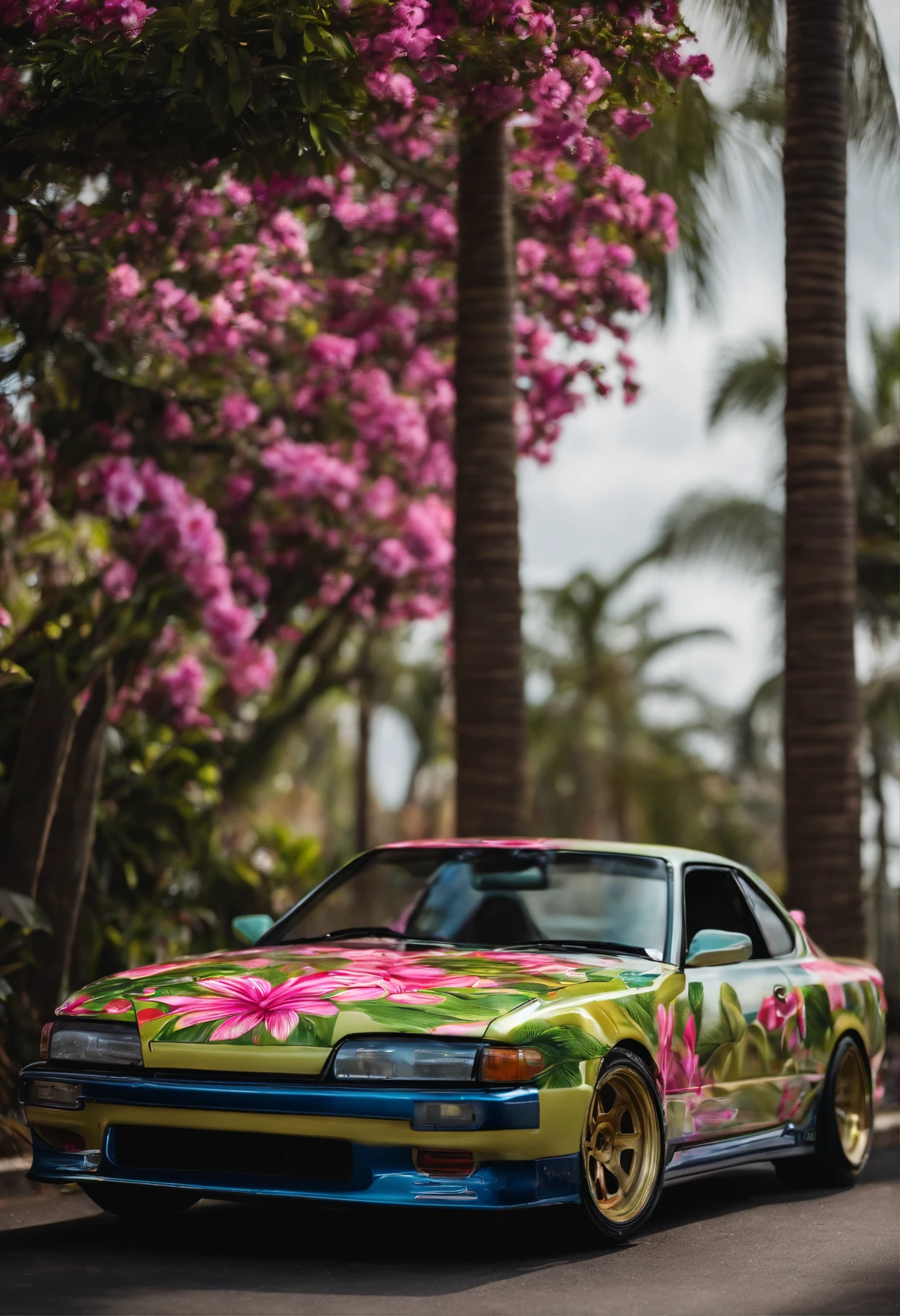 Nissan Silvia wrapped in plumeria decals on the side door