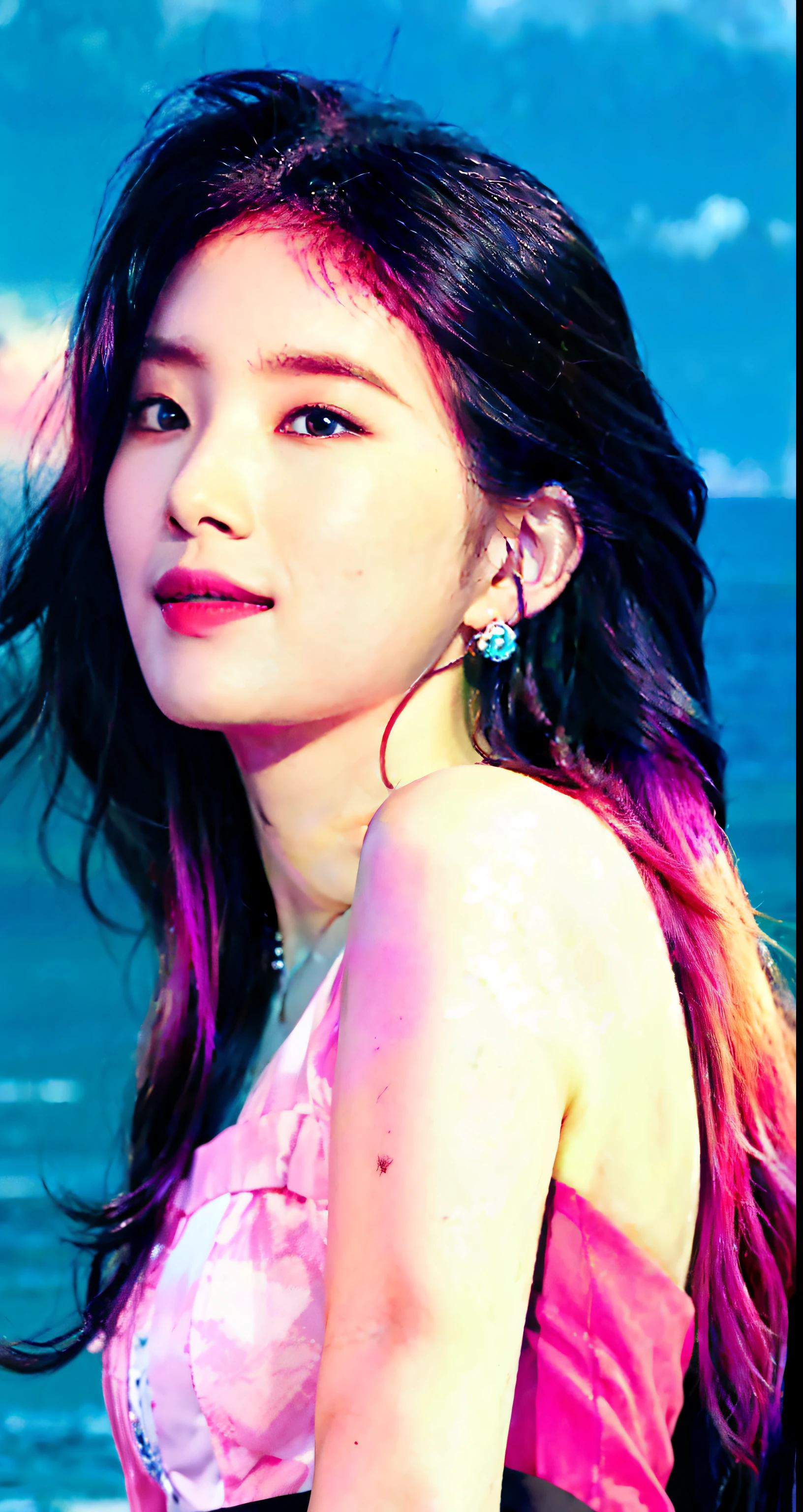 1 girl, (rainbow colour hair, Colorful hair, Half blue and half pink hair: 1.2), 17 years old, Blue_sky, Holding a magic wand, Summer (season), petals_On_Liquid, Black cape with hood, Red and black torn dress, Skirt: 1.2, (Long curly blonde hair: 1.5), sky, En plein air, Clouds, bangs, Smile, Sky blue eyes, Bare shoulders, Perfect hands, Hand details, Repaired Fingers. Earrings, Sea + Background, Looking_at_peeping at the viewer, Cowboy shot, Top quality, rich details​, Perfect image quality, Sunrise