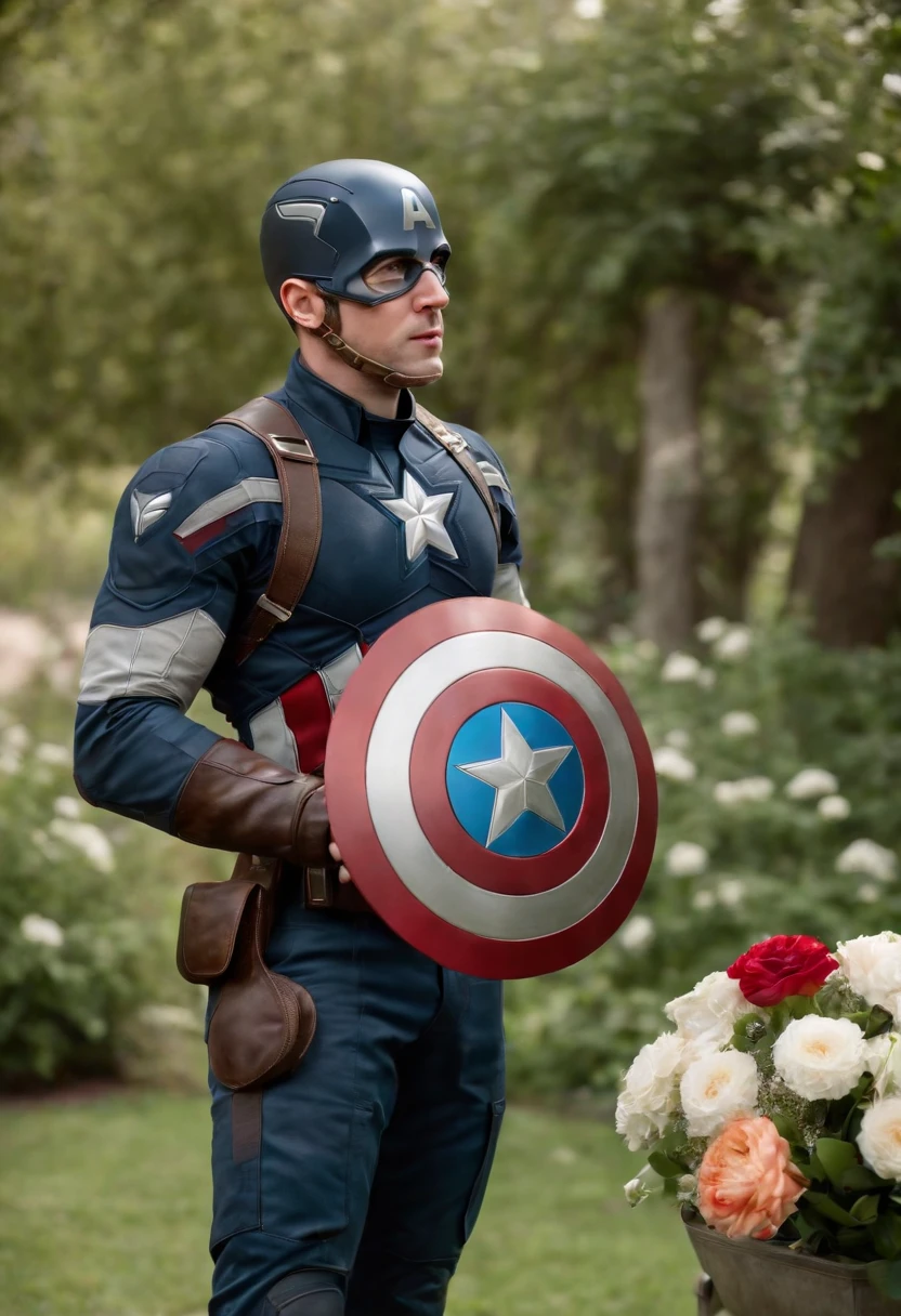 Captain America, holding a bouquet, reading vow, wedding in beautiful garden, happy