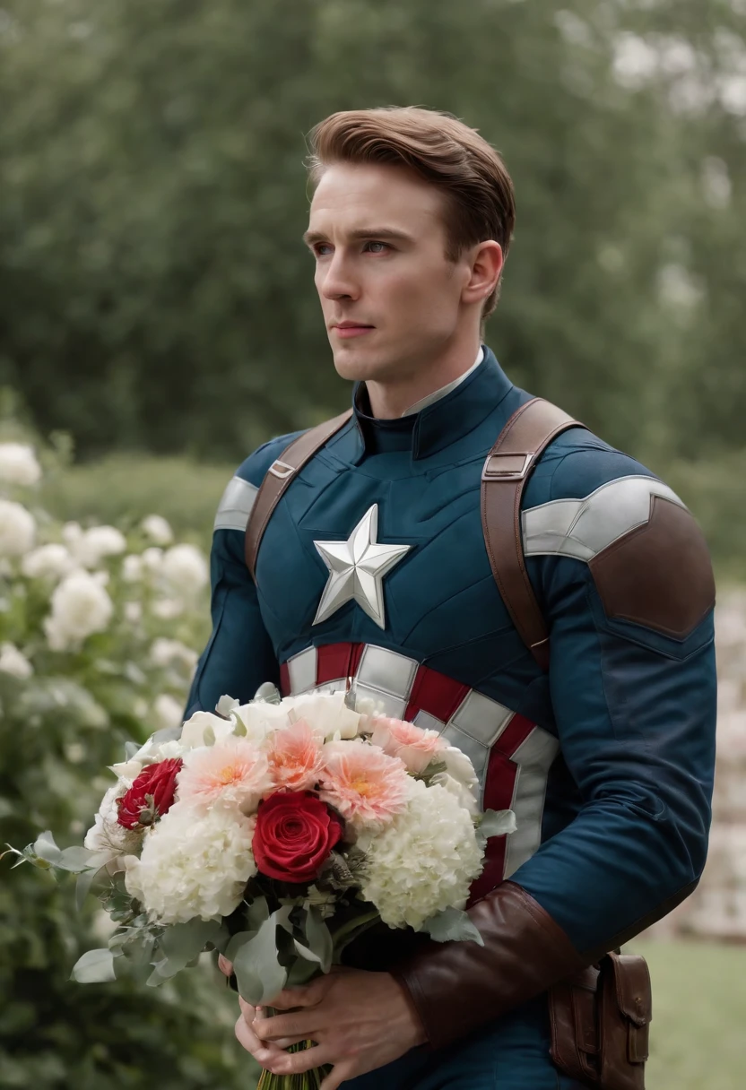 Captain America, holding a bouquet, reading vow, wedding in beautiful garden, happy