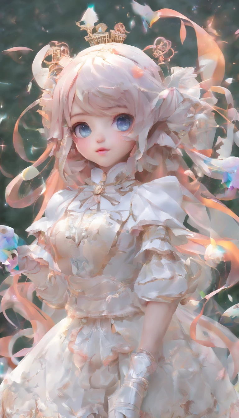 Super cute girl IP by pop mart, Bright Eyes, Cherub, little white skirt, clay, models, blind box toys, glossy and delicate, clean background, good shine, full body, 3D rendering, OC rendering, best quality, 4K, super detail --ar 3:4 50 --niji 5 --q 2 --s 2