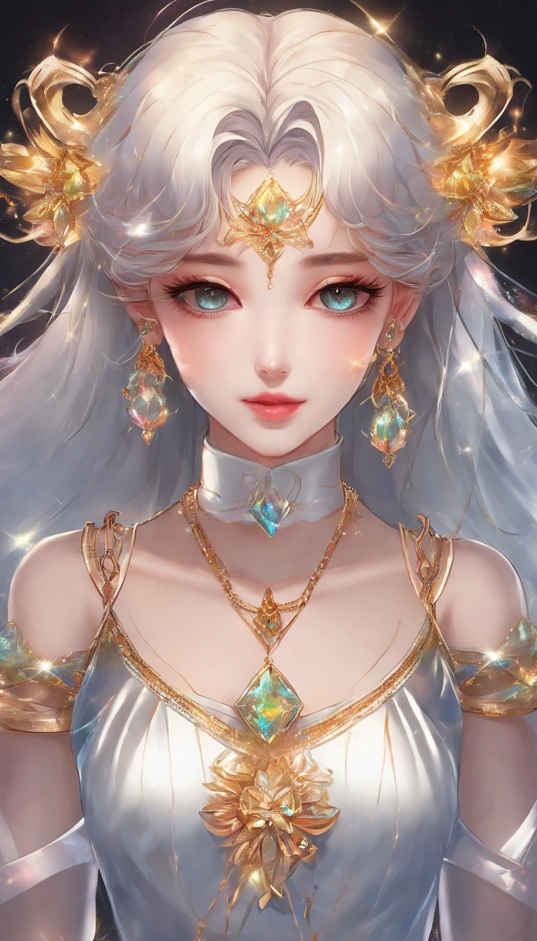 masterpiece, a beautiful Girl , Sailor Moon style , wearing laser transparent pvc texture clothing , prism , melancholy expression, beautiful eyes , brilliance , jewelry , portrait , game original painting , anime character concept design , beautiful face , sacred, long transparent iridescent GB hair, reflections transparent iridescent colors on her hair, highly detailed, gorgeous sacred girl, beautiful light on black background