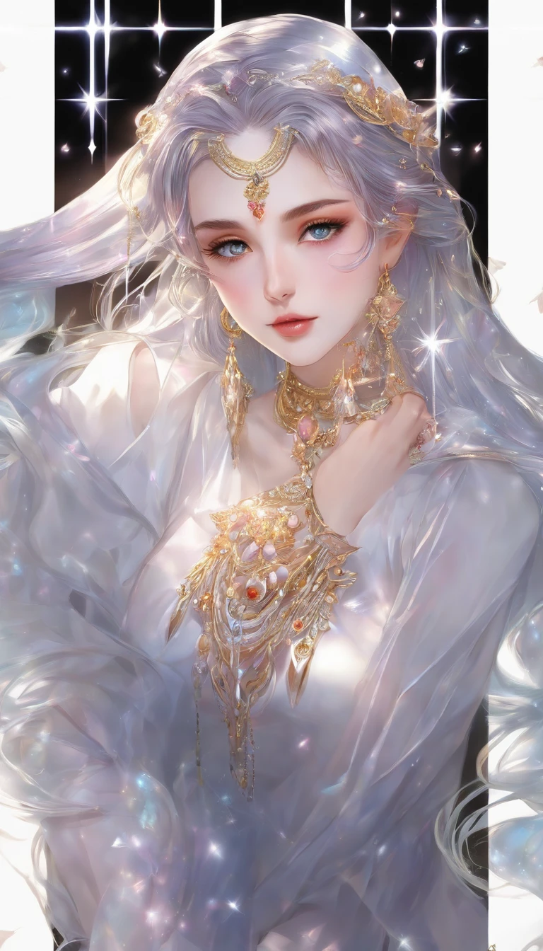 masterpiece, a beautiful Girl , Sailor Moon style , wearing laser transparent pvc texture clothing , prism , melancholy expression, beautiful eyes , brilliance , jewelry , portrait , game original painting , anime character concept design , beautiful face , sacred, long transparent iridescent GB hair, reflections transparent iridescent colors on her hair, highly detailed, gorgeous sacred girl, beautiful light on black background