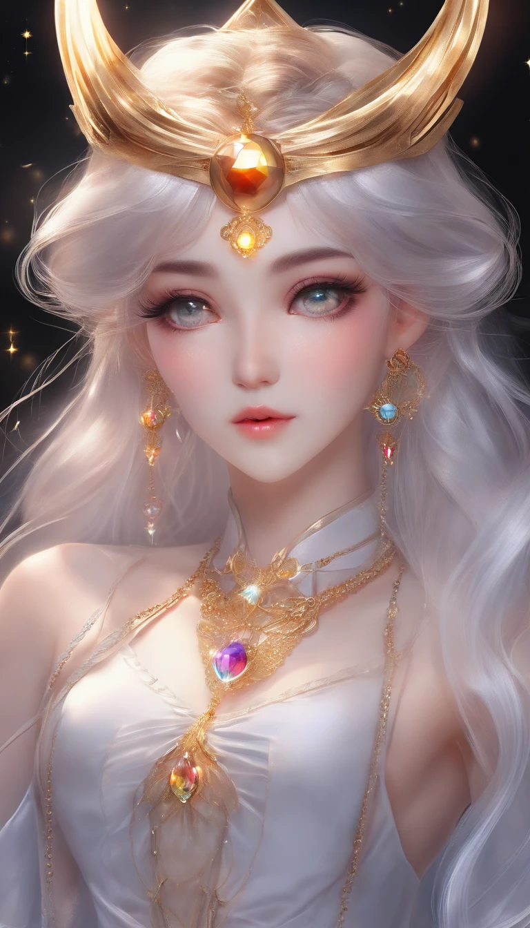 masterpiece, a beautiful Girl , Sailor Moon style , wearing laser transparent pvc texture clothing , prism , melancholy expression, beautiful eyes , brilliance , jewelry , portrait , game original painting , anime character concept design , beautiful face , sacred, long transparent iridescent GB hair, reflections transparent iridescent colors on her hair, highly detailed, gorgeous sacred girl, beautiful light on black background