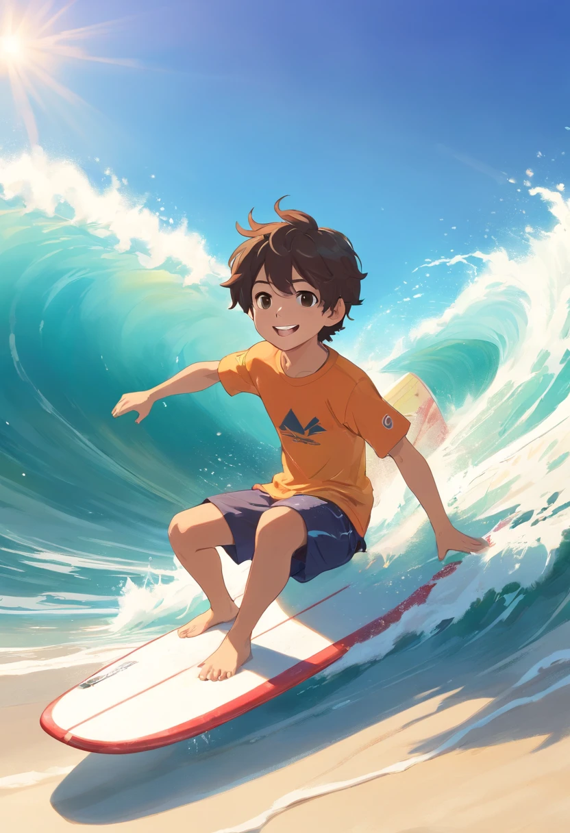 Little boy surfing，Smooth hair，happy grin，largeeyes，rays of sunshine，sandbeach，swell sea，The picture is exquisite，plethora of colors