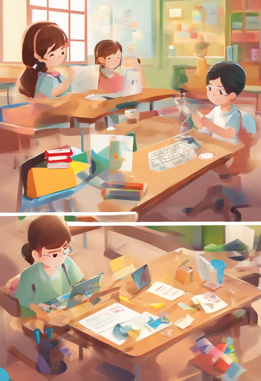 Depict a bright classroom，Full of technology atmosphere。Students in the classroom can use VR glasses for virtual reality learning，They can explore a variety of scenarios and knowledge in an immersive way。ao mesmo tempo，There are also students drawing cartoon characters，Show their creativity and artistic talent。Teachers are teaching students how to take pictures with their cameras，Develop their photography skills。Still others draw with brushes，Express your thoughts and feelings。ao mesmo tempo，There are also students exploring the inside of the classroom，Discover new knowledge and discoveries。There are even students operating drones to measure，Demonstrate the application and innovation of technology。The entire illustration can be laid out vertically，to highlight the faces and expressions of the characters，It gives people a feeling of closeness and authenticity。This illustration is suitable for commercial use，Can be used for education-related advertising、promotional materials, etc，Show the technology and innovation of modern education。ao mesmo tempo，Well-portrayed character faces can also bring a better visual experience to the audience。